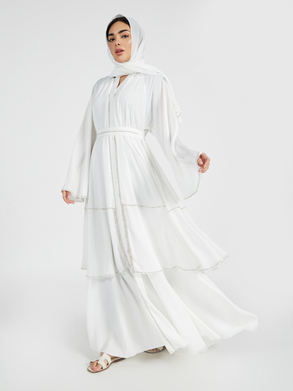 Pure White Tiered Abaya with Silver Trim