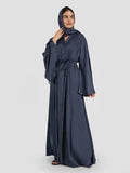 Deep Charcoal Grey Beaded Abaya with Wide Sleeves