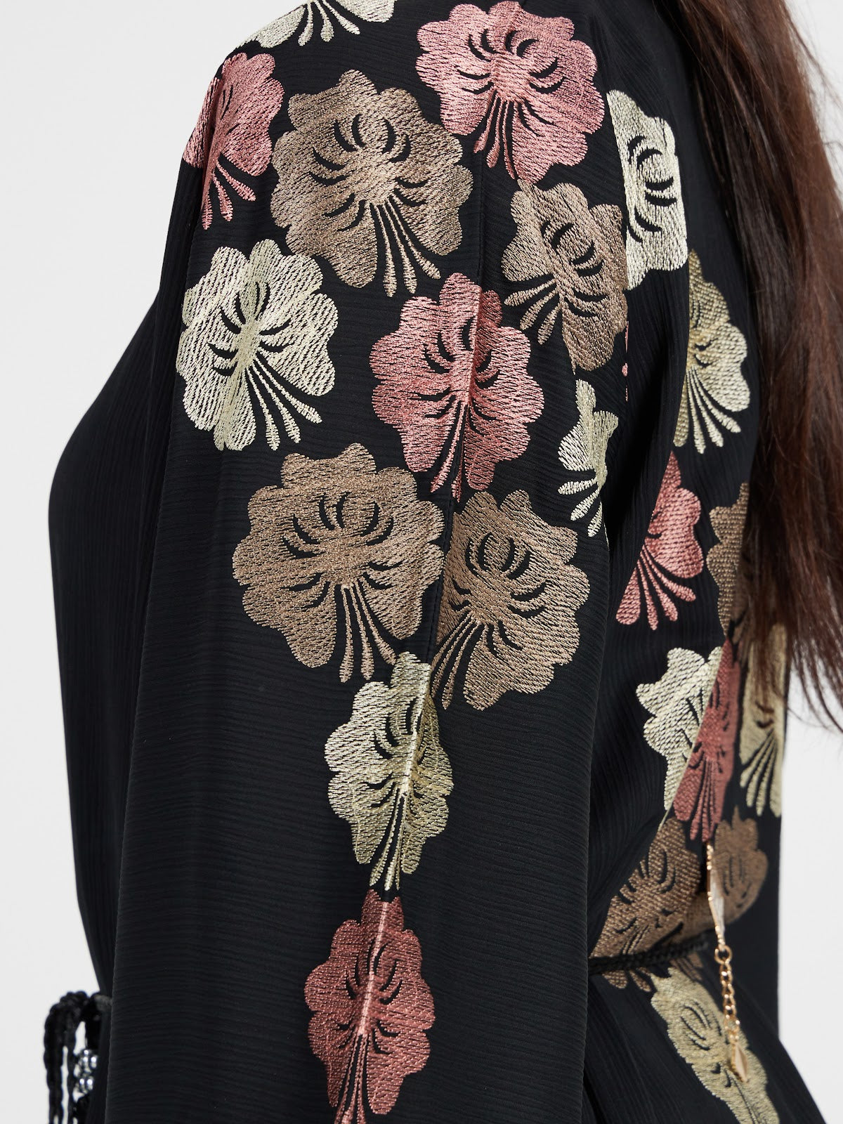 Black Floral Embroidered Abaya with Contrast Piping