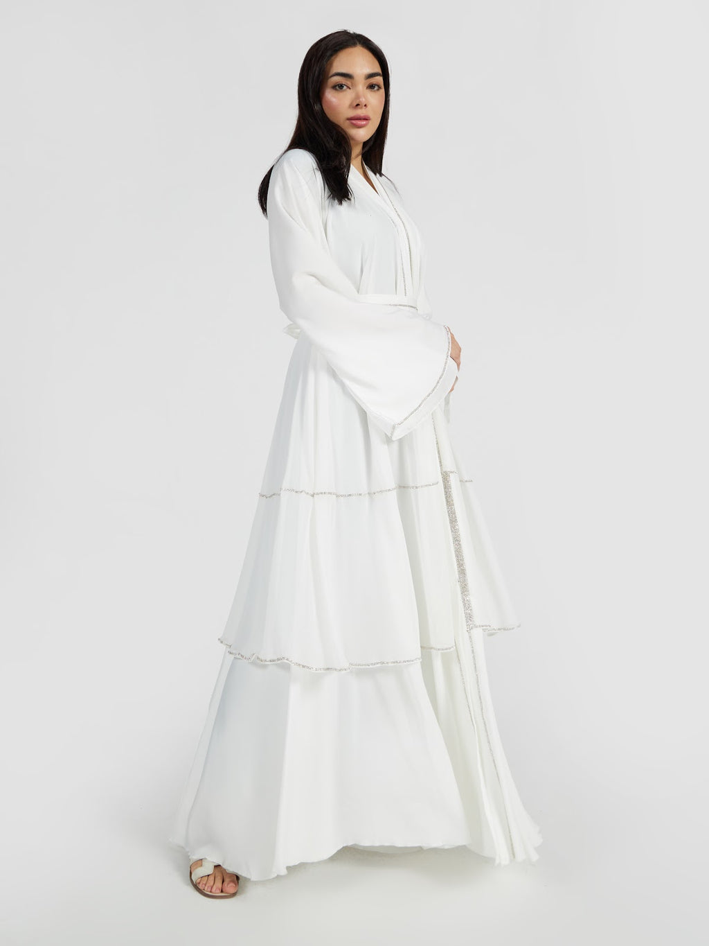 Pure White Tiered Abaya with Silver Trim