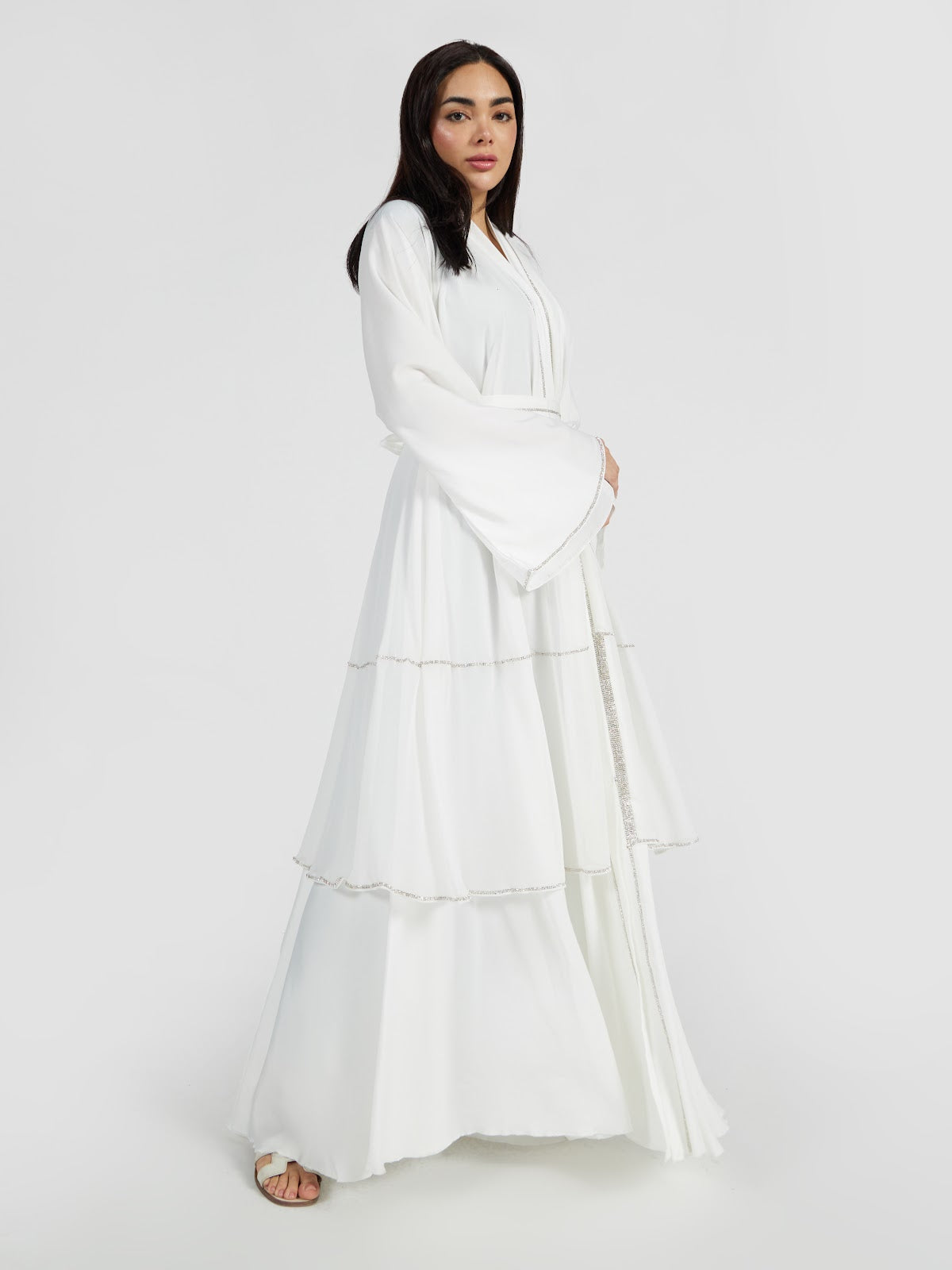 Pure White Tiered Abaya with Silver Trim