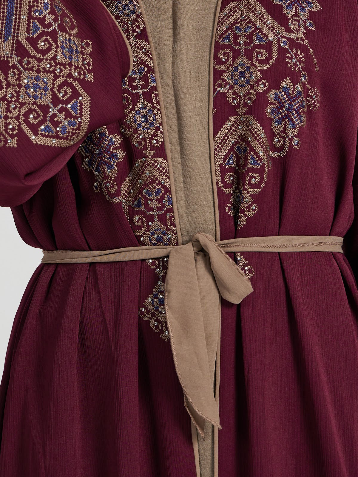 Maroon & Khaki Two-Tone Layered Abaya - Intricate Yoke Embroidery
