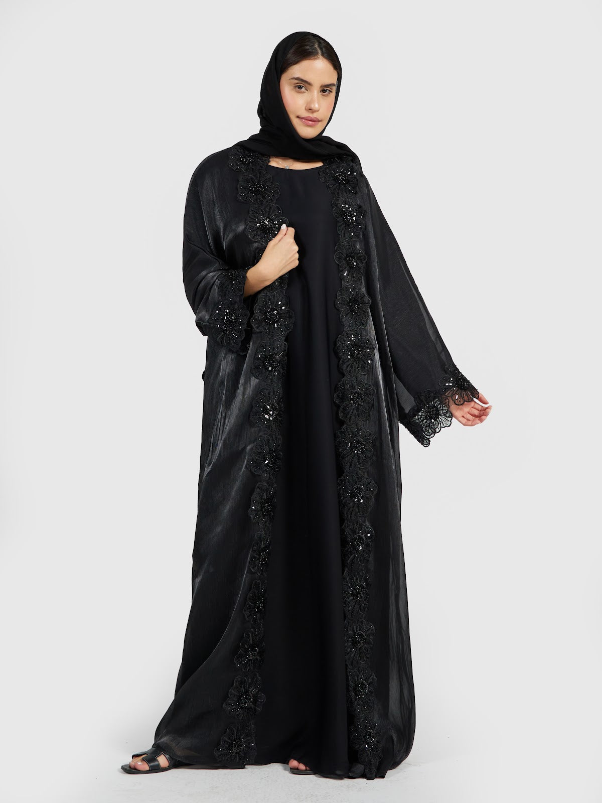 Women's Luxury Shimmer Abaya with Floral Lace Border