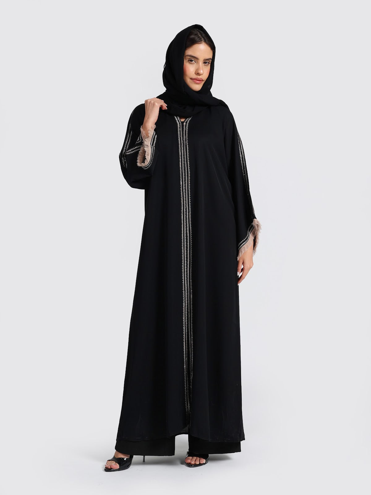 Sophisticated Black Abaya with White Contrast Stitching & Fringed Cuffs