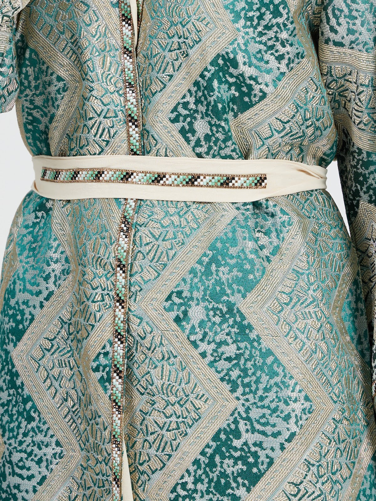 Elegant Geometric Jacquard Open Front Abaya with Belt