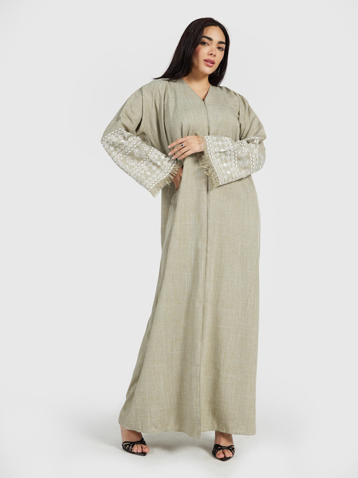 Sage Green Textured Kaftan Abaya with Tribal Sleeve Embroidery
