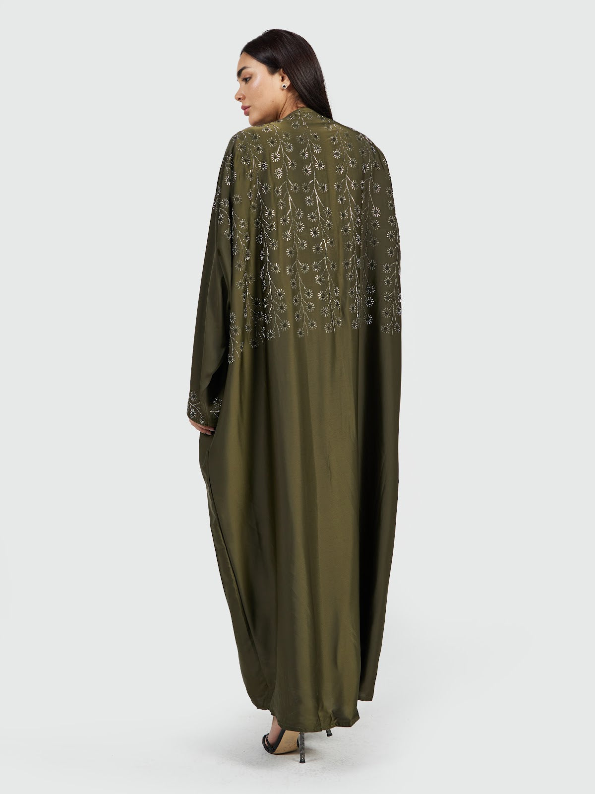 Women's Luxury Olive Green Hand-Embroidered Abaya with Matching Sheila