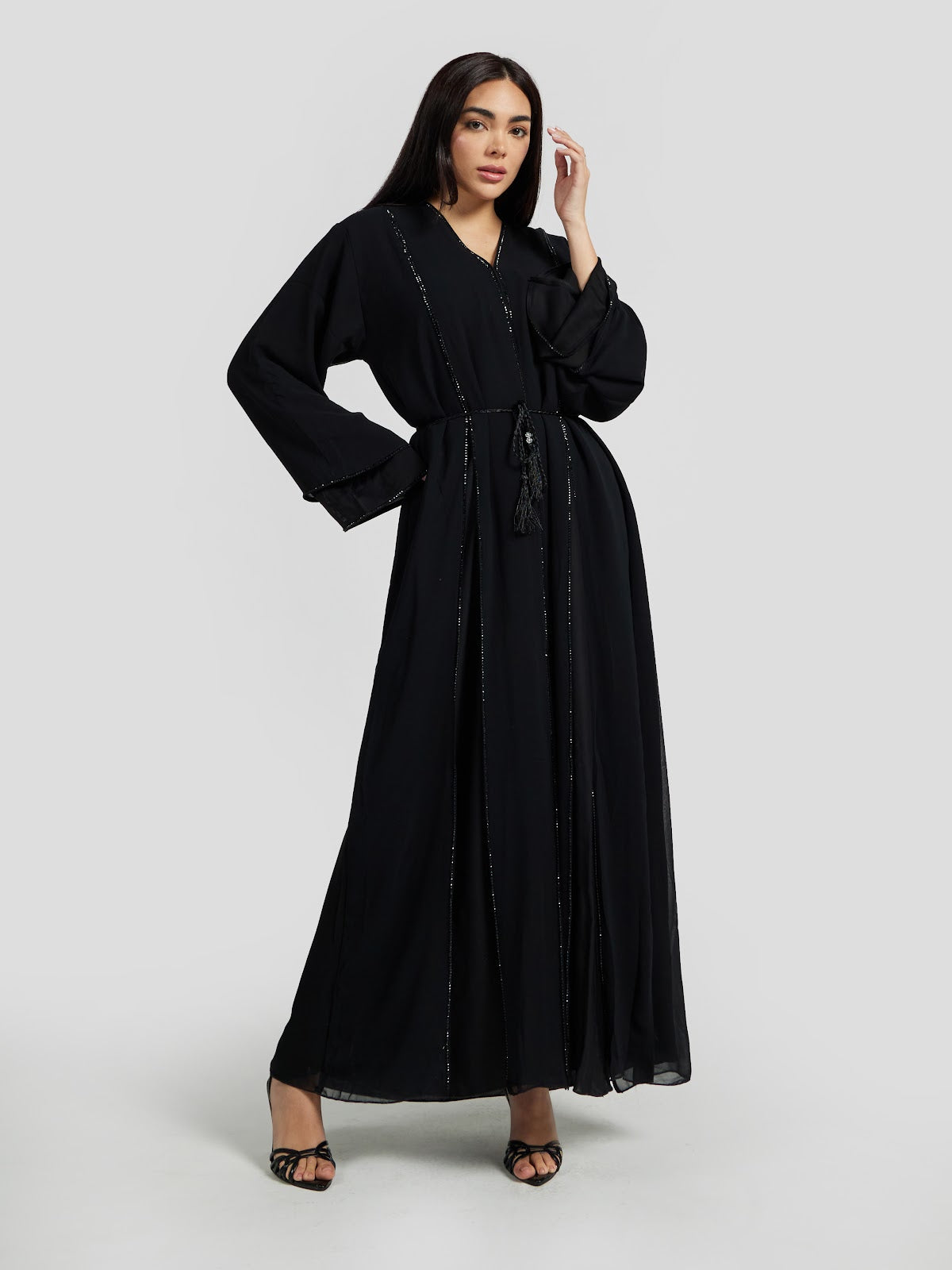 Classic Black Layered Sleeve Abaya with Crystal Trim