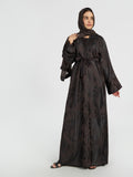 Jacquard Textured Belted Abaya with Gold Piping