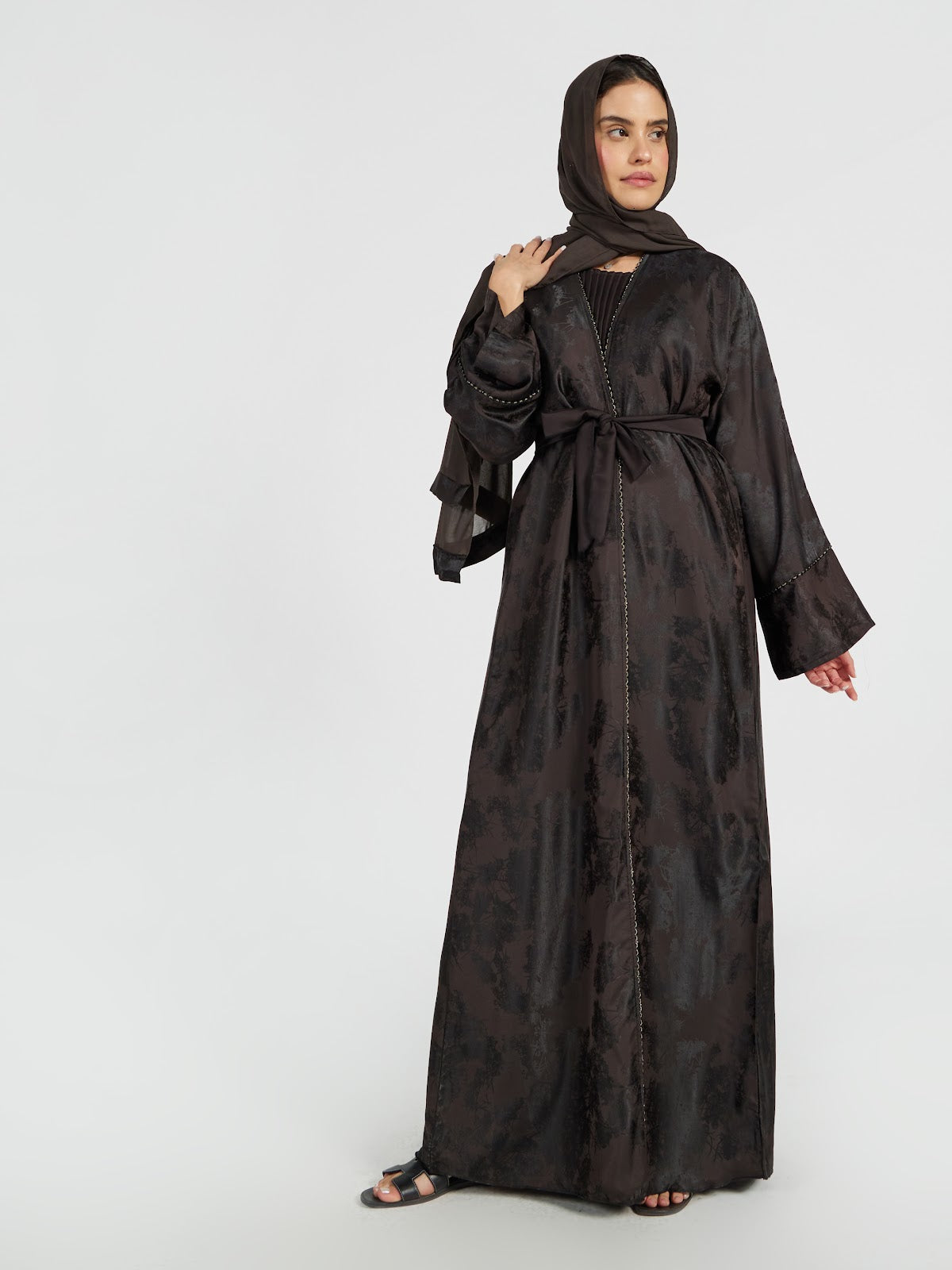 Jacquard Textured Belted Abaya with Gold Piping
