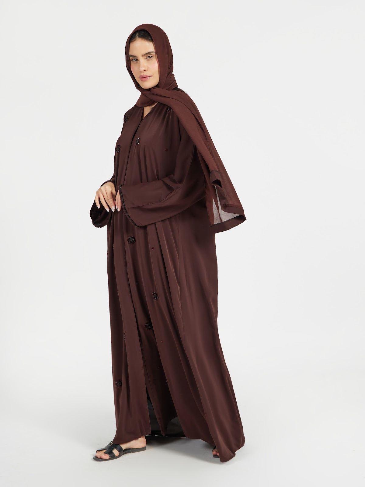 Chocolate Brown Hand-Beaded Modest Abaya