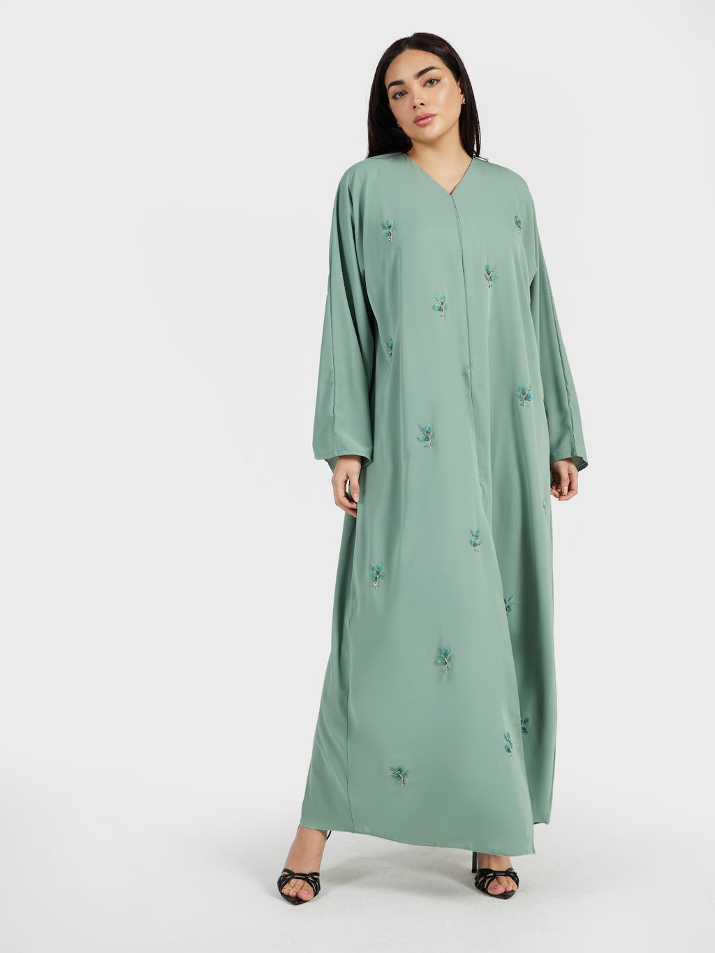 Mint Green Pastel Abaya with 3D Embellishments and Matching Scarf