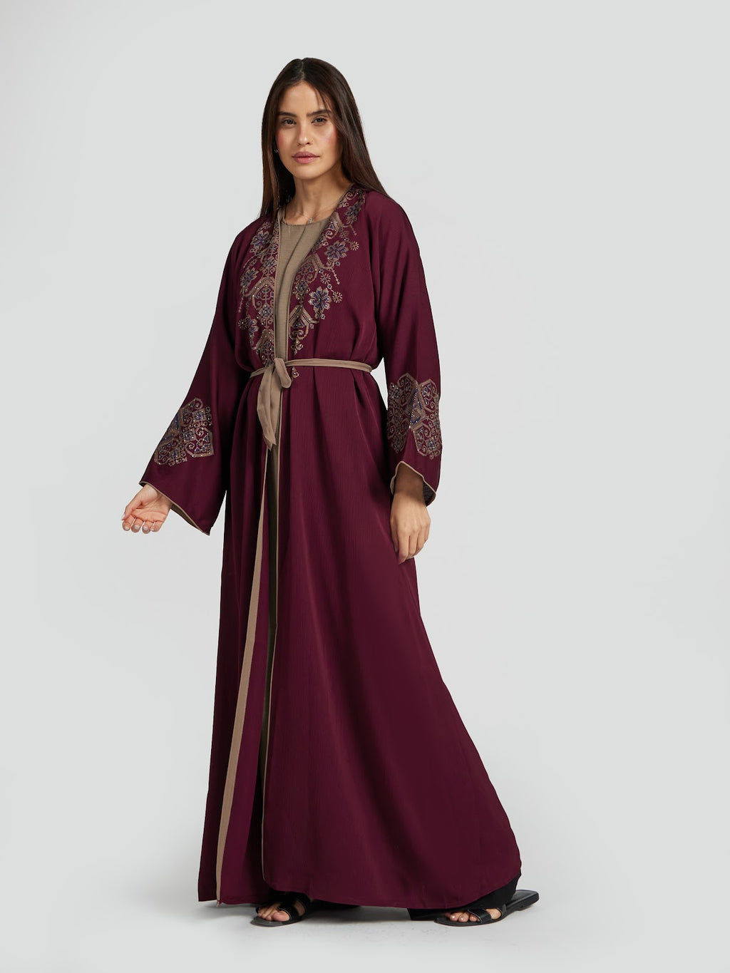 Maroon & Khaki Two-Tone Layered Abaya - Intricate Yoke Embroidery