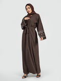 Women’s Chocolate Brown Linen Abaya - Embroidered Modest Long Cardigan