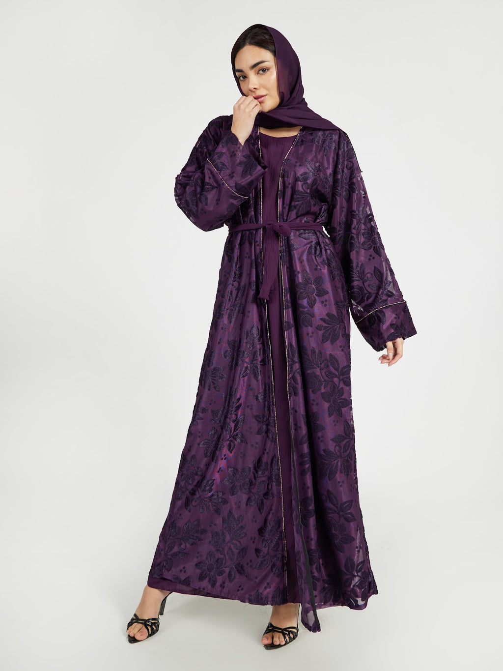 Deep Plum Textured Floral Lace Abaya Set
