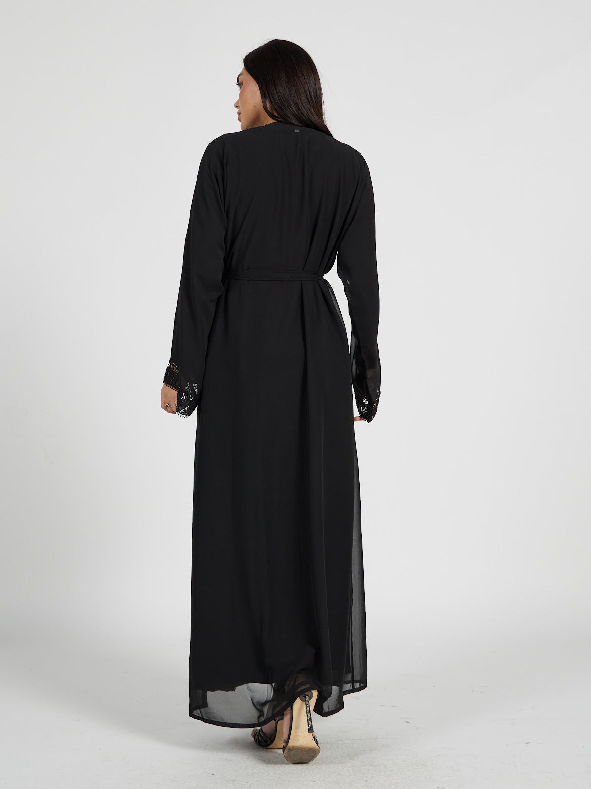 Formal Black Open Abaya Set with Sequin Lace Border and Inner Dress