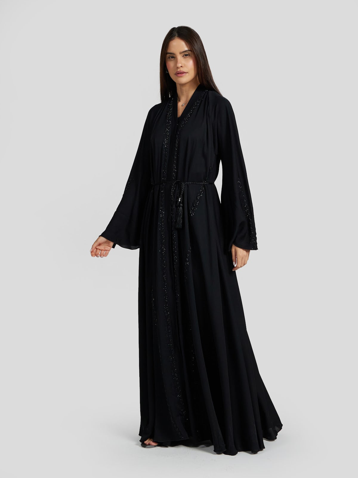 Elegant Black Beaded Abaya with Tassel Waist Belt