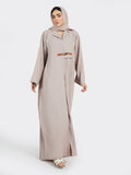 Taupe Pleated Panel Abaya with Leather Buckle Detail