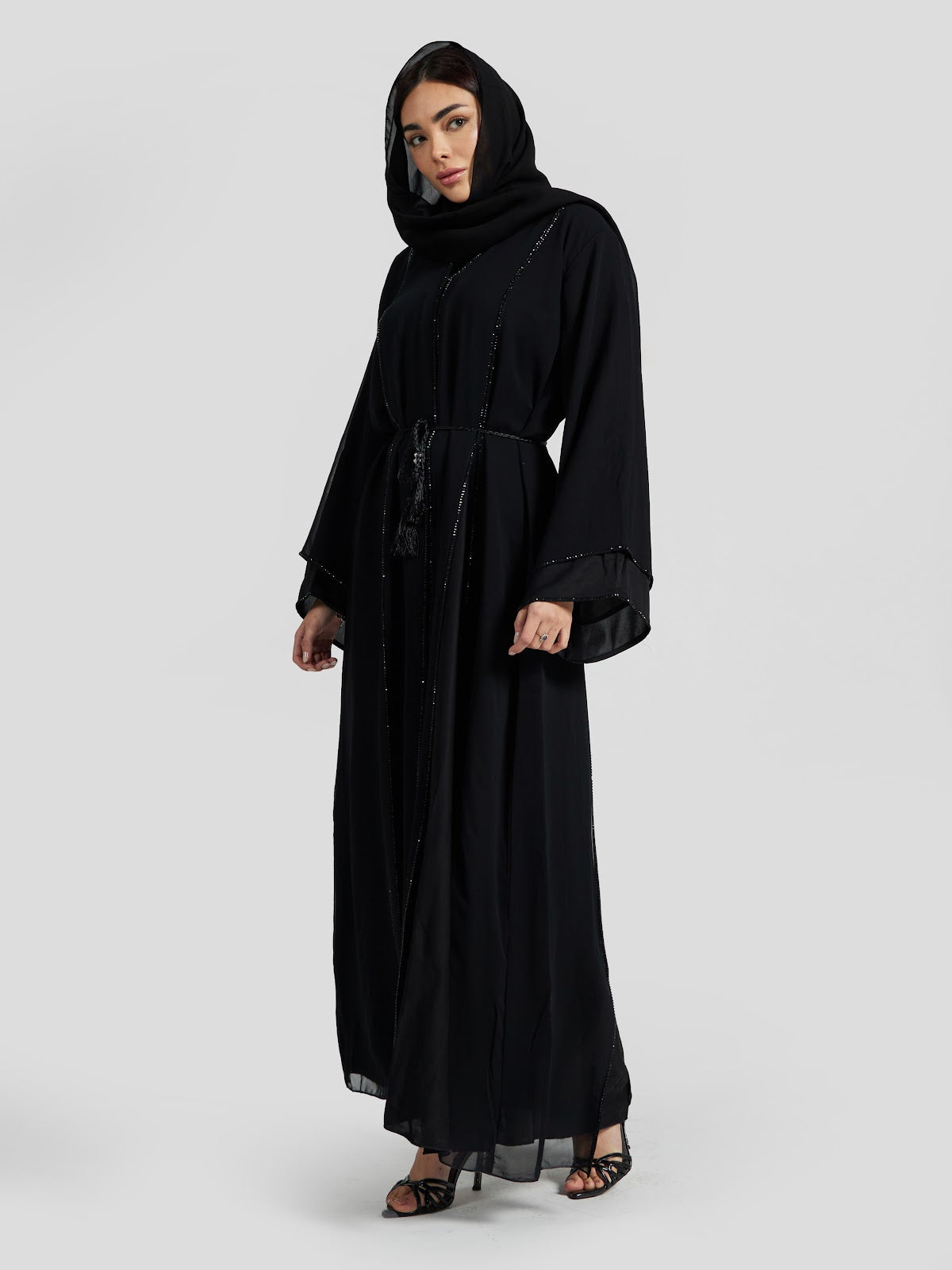 Classic Black Layered Sleeve Abaya with Crystal Trim