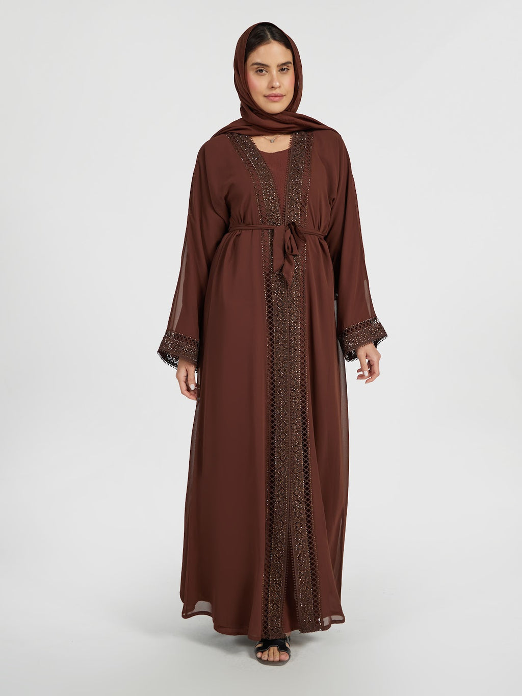 Deep Coffee Brown Modest Abaya Set with Intricate Embroidery & Belt