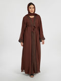 Deep Coffee Brown Modest Abaya Set with Intricate Embroidery & Belt