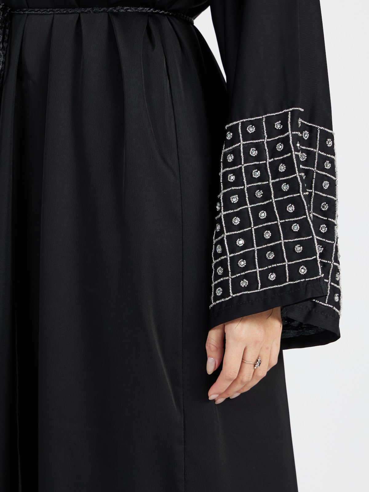 Women's Black Abaya with Geometric Grid Embroidered Sleeves