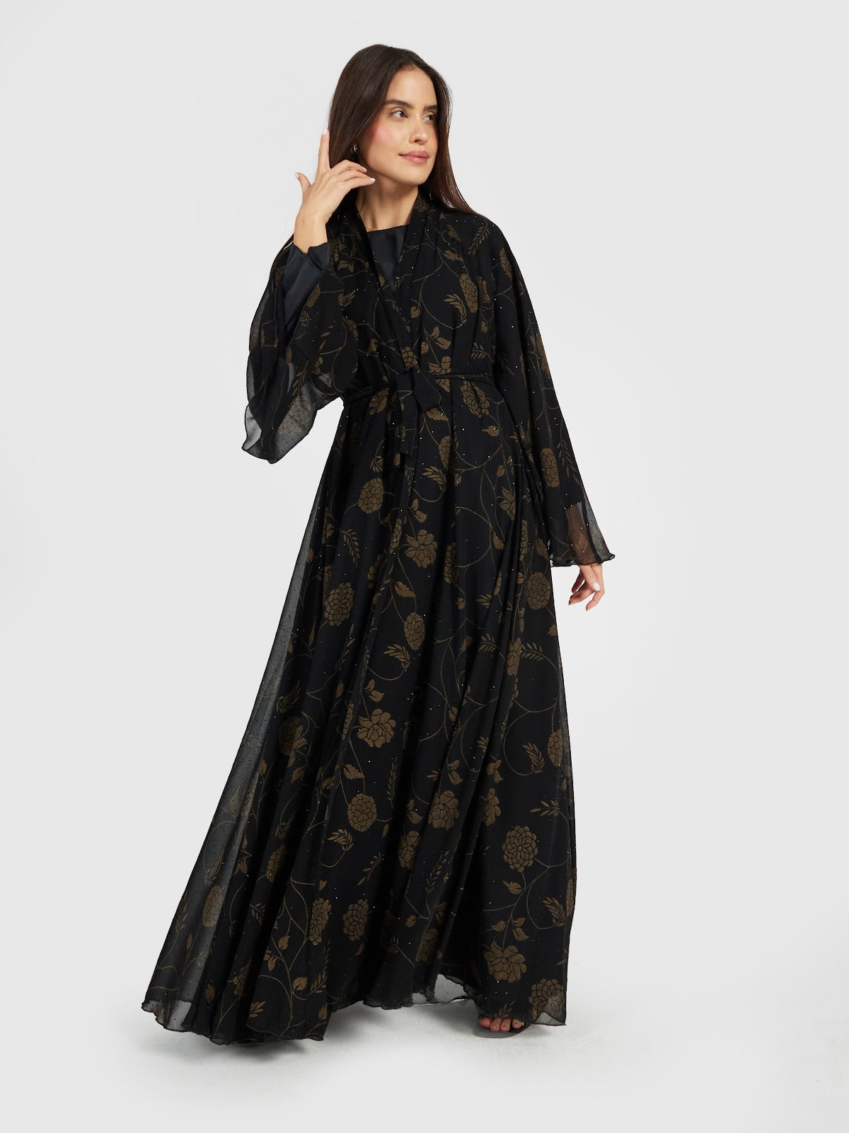Luxury Gold Floral Print Black Abaya with Sheer Bell Sleeves