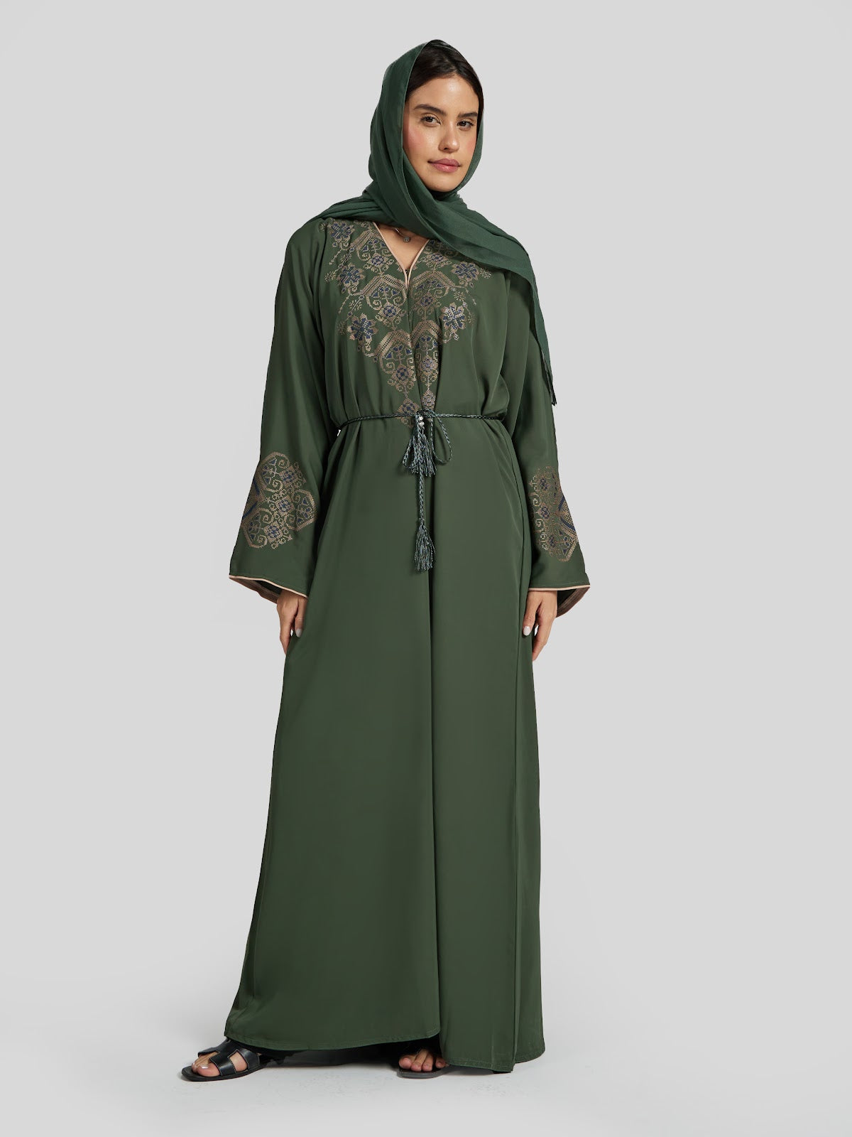 Forest Green Traditional Embroidered Abaya - Modest Tassel Kaftan