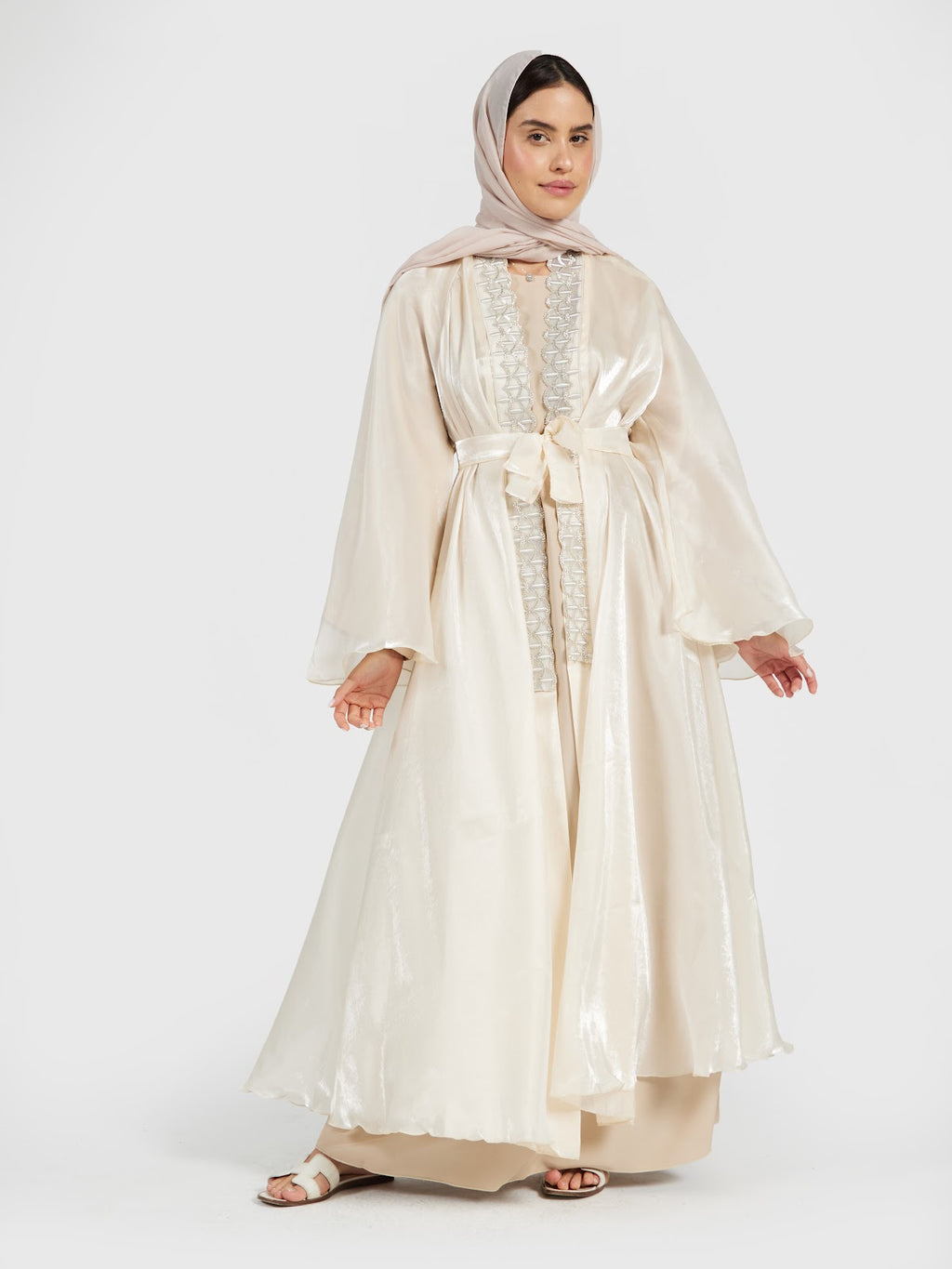 Women's Luxury Champagne Organza Shimmer Abaya with Belt
