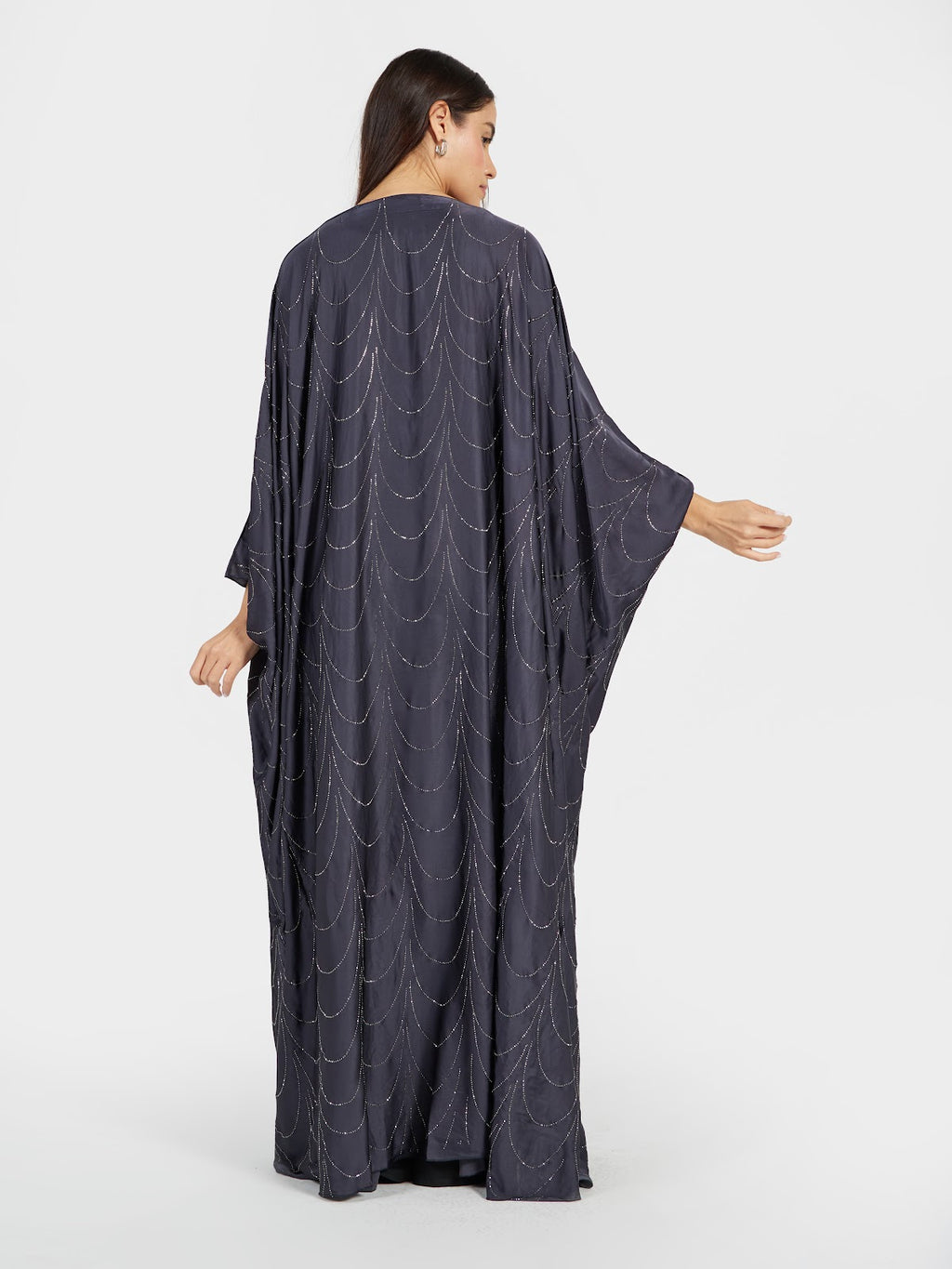 Women's Charcoal Grey Draped Abaya with Silver Sequin Wave Pattern