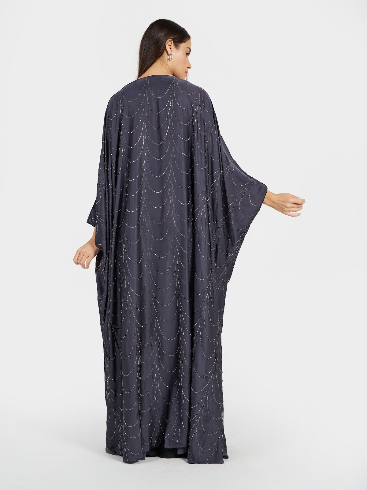 Women's Charcoal Grey Draped Abaya with Silver Sequin Wave Pattern