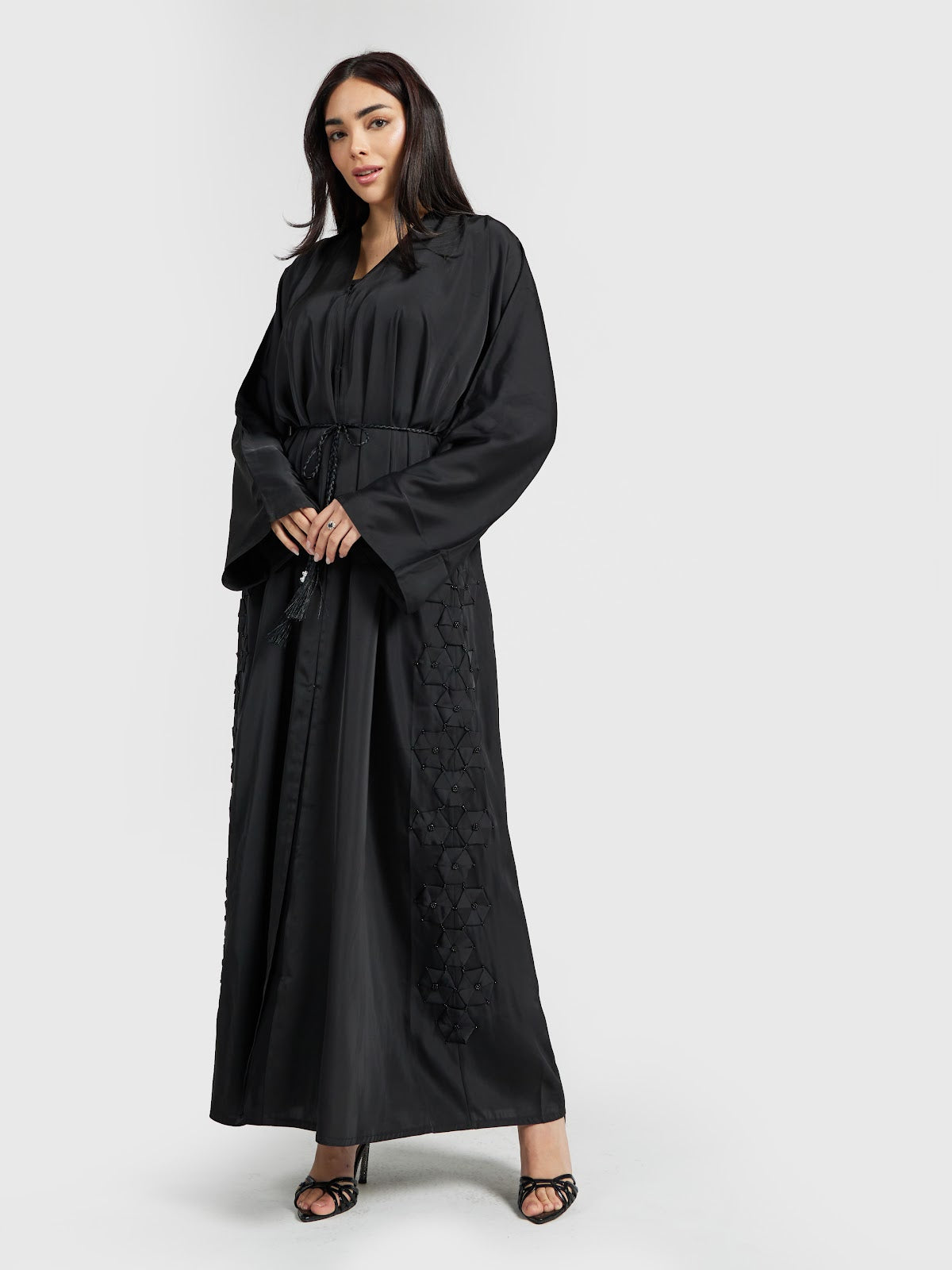 Black Geometric Beaded Abaya with Braided Belt