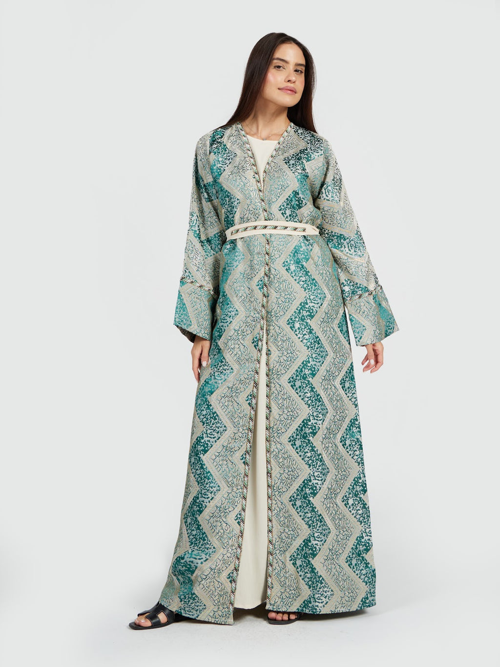 Elegant Geometric Jacquard Open Front Abaya with Belt