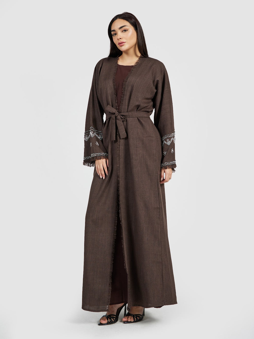 Women’s Chocolate Brown Linen Abaya - Embroidered Modest Long Cardigan
