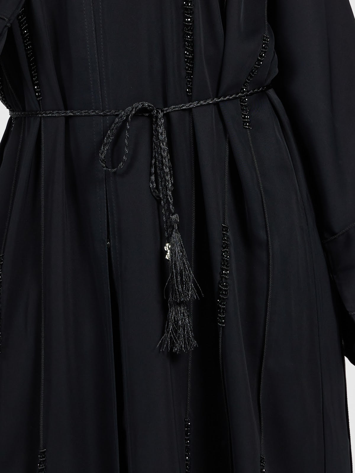 Minimalist Black Beaded Abaya - Vertical Tassel Detail Modest Dress