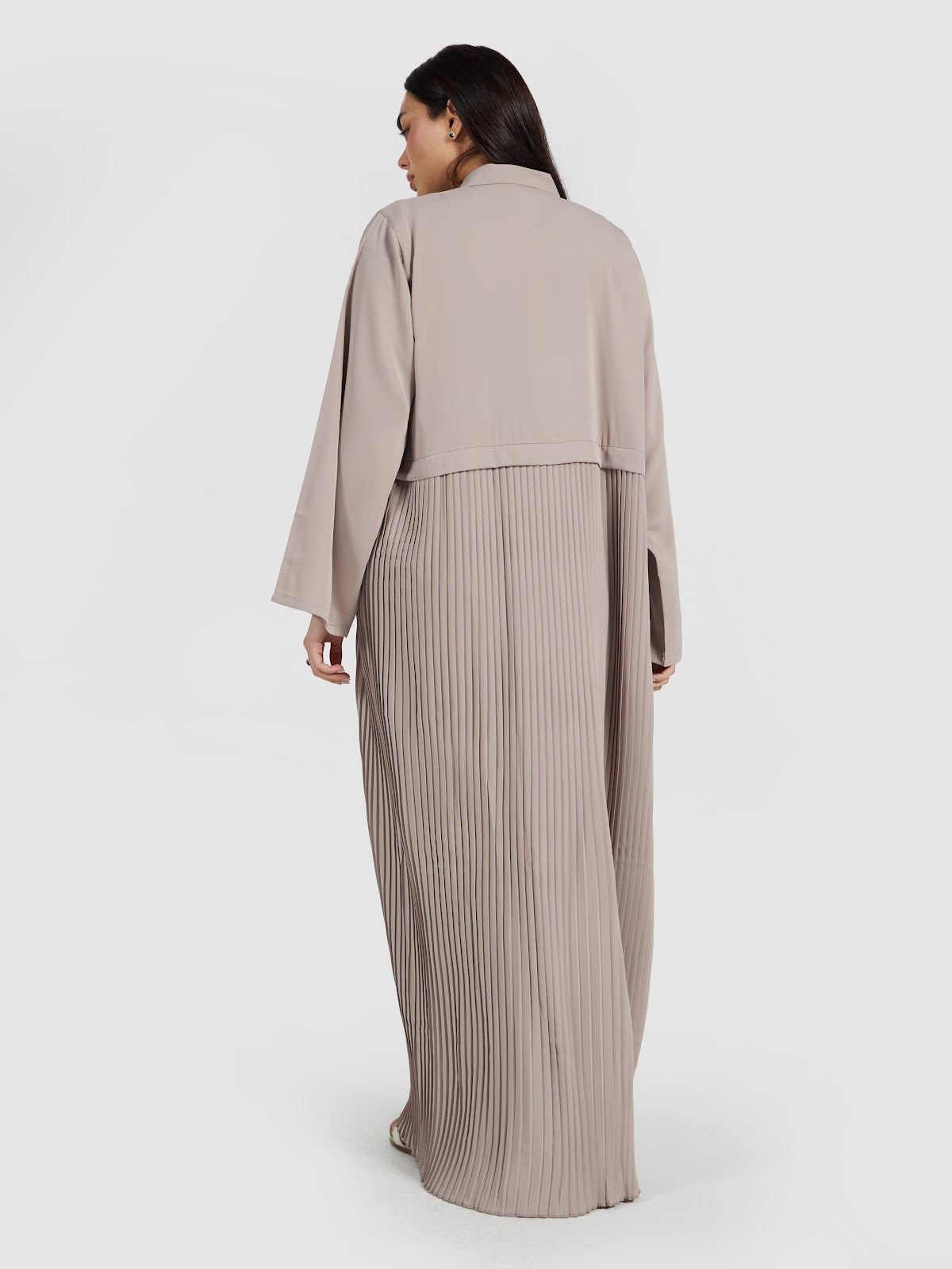 Taupe Pleated Panel Abaya with Leather Buckle Detail