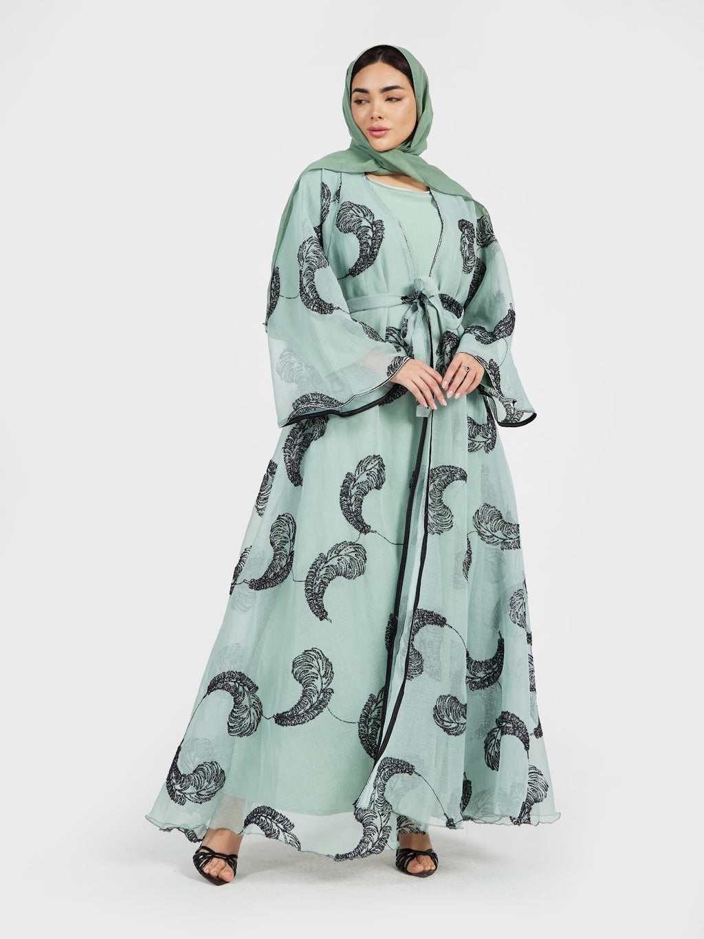 Mint Green Marble Print Organza Abaya with Feather Sequin Motifs