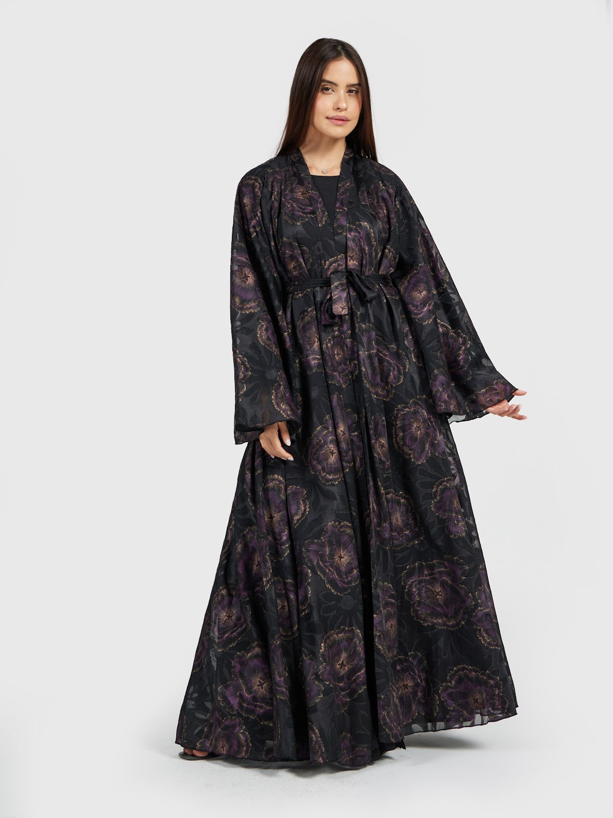 Women’s Floral Brocade Organza Abaya - Black & Purple Luxury Evening Kaftan