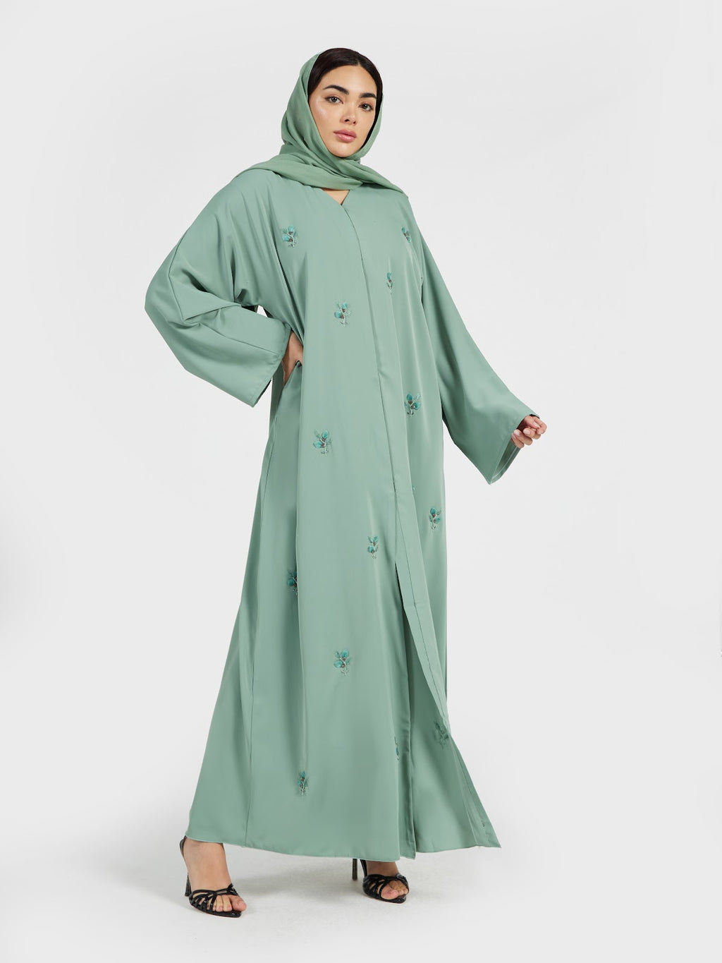 Mint Green Pastel Abaya with 3D Embellishments and Matching Scarf