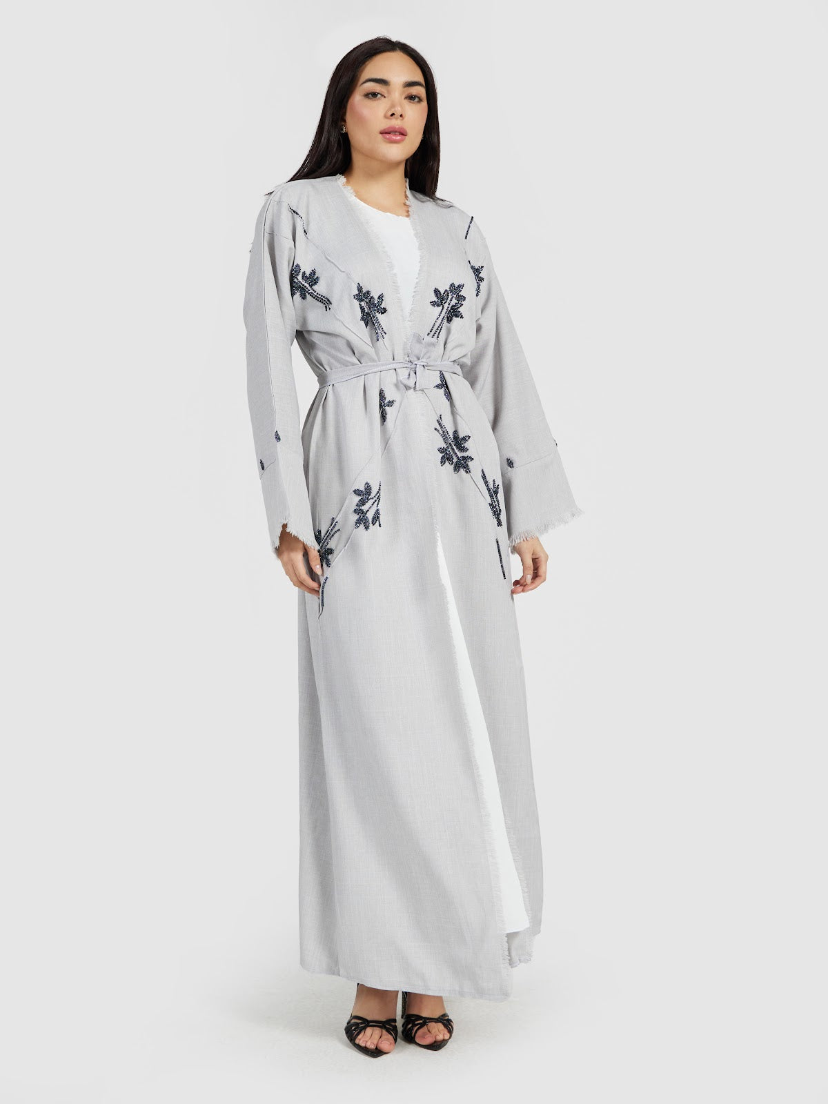 Grey Linen-Look Abaya with Navy Floral Embroidery and Fringed Hem