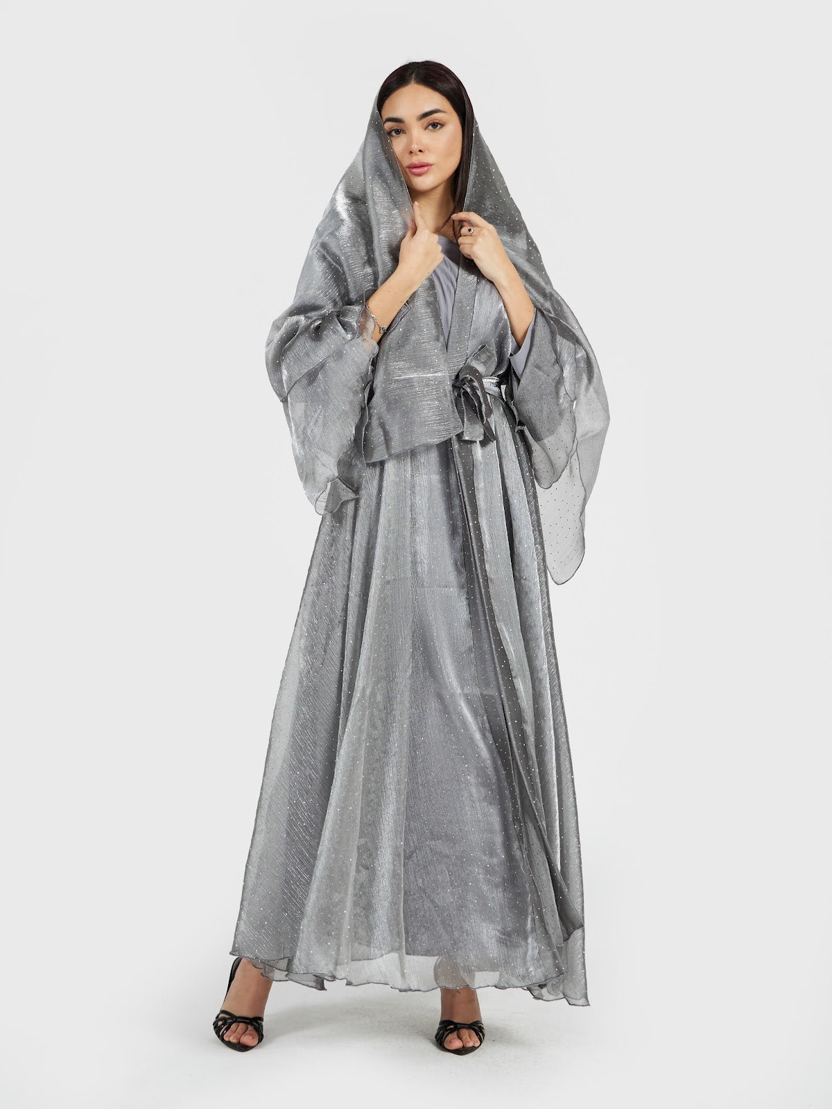 Shimmer Silver Organza Abaya with Sheer Hijab