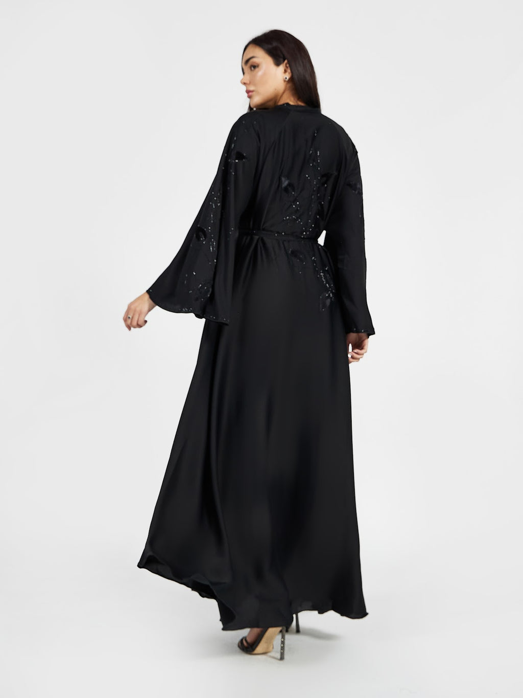 Classic Black Belted Abaya with Tonal Embroidery and Crystals