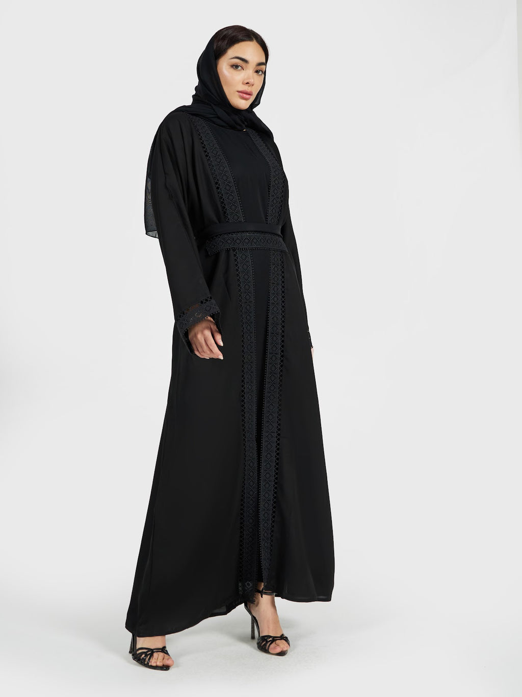 Classic Black Lace-Bordered Abaya with Matching Waist Belt