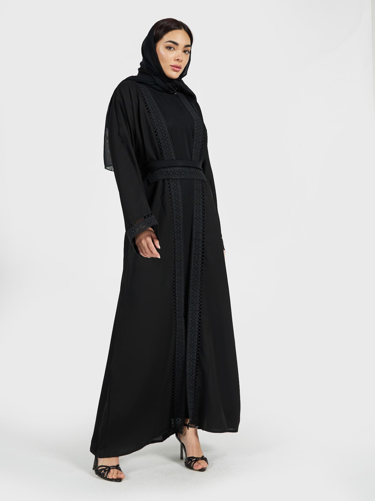 Classic Black Lace-Bordered Abaya with Matching Waist Belt