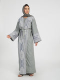 Women's Grey Linen-Look Abaya with Geometric Palestinian Embroidery - Modest Open Front Kimono with Waist Tie - Elegant Ramadan & Eid Maxi Dress