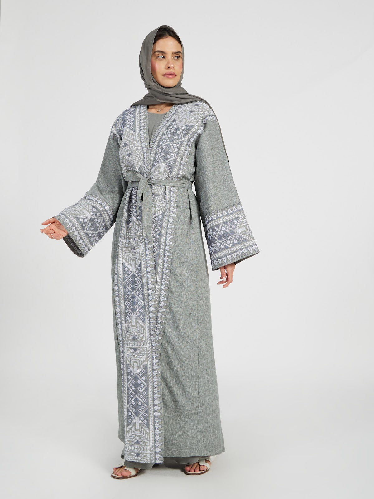 Women's Grey Linen-Look Abaya with Geometric Palestinian Embroidery - Modest Open Front Kimono with Waist Tie - Elegant Ramadan & Eid Maxi Dress