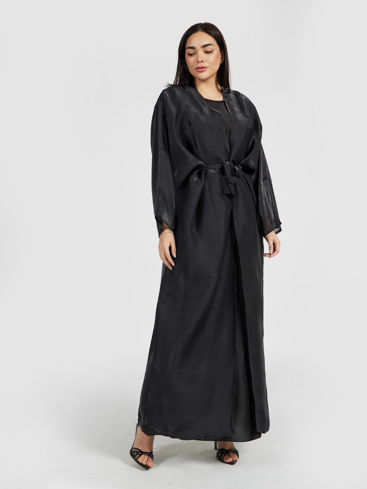 Shimmering Black Organza Layered Abaya with Tie Waist