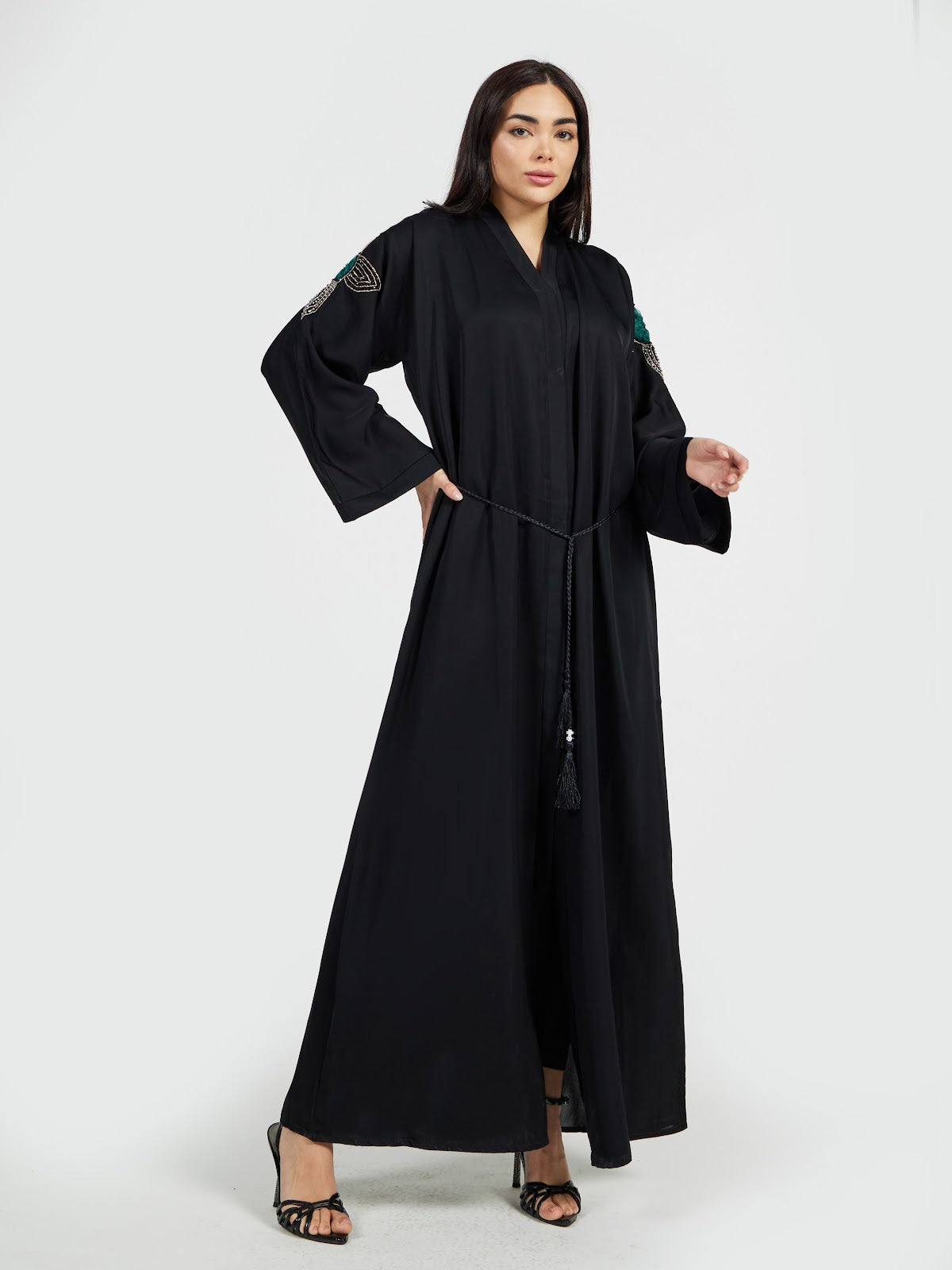 Designer Black Abaya with Emerald Green Crystal Shoulder Appliqué