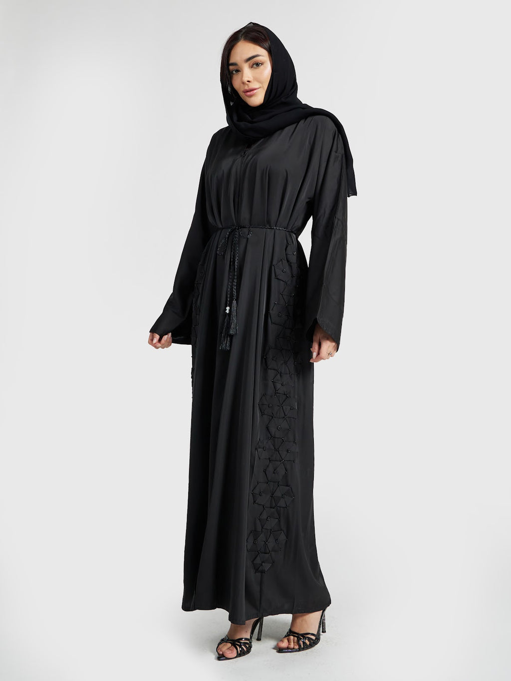 Black Geometric Beaded Abaya with Braided Belt
