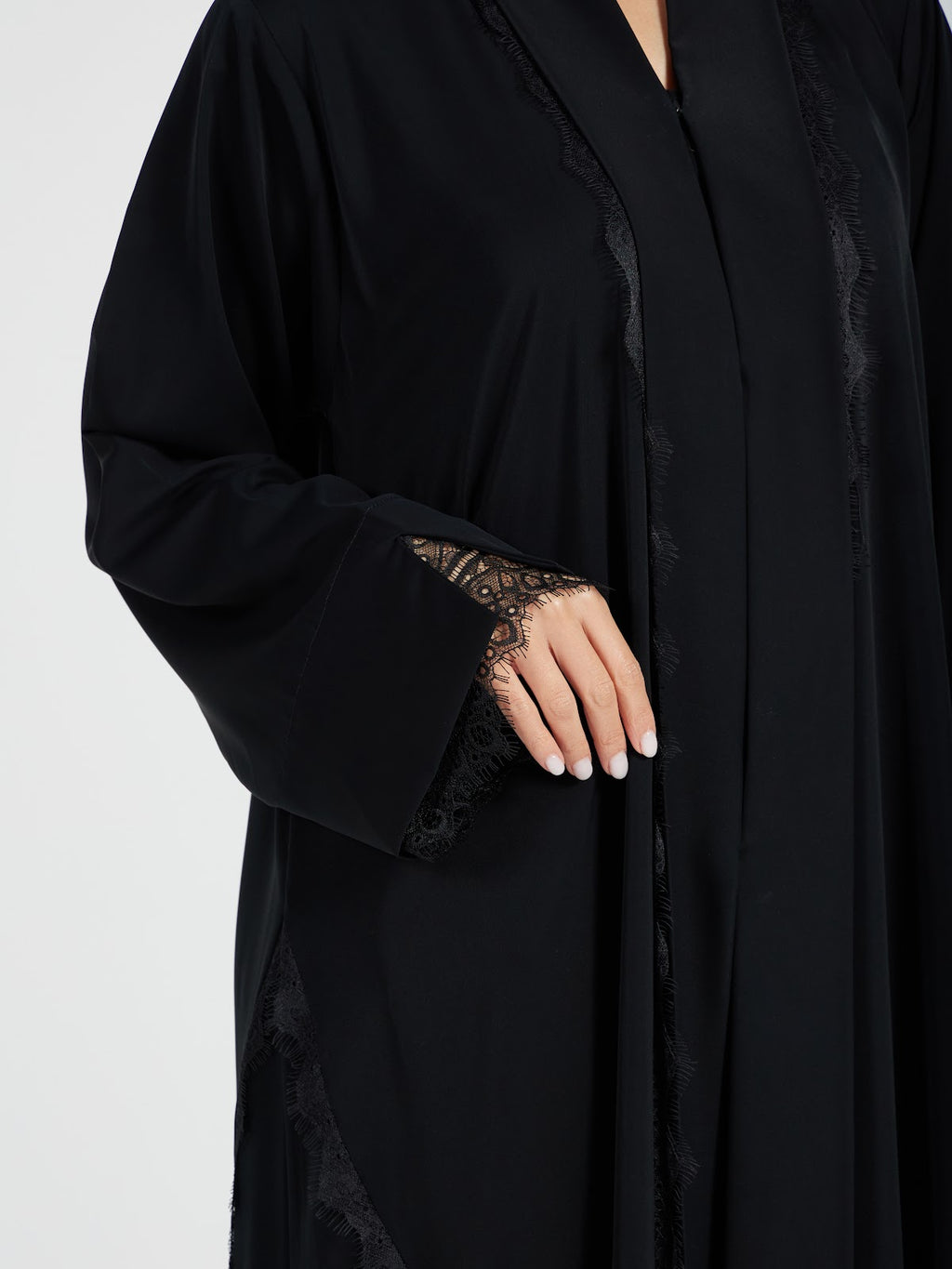 V-Neck Layered Abaya with Eyelash Lace Trim
